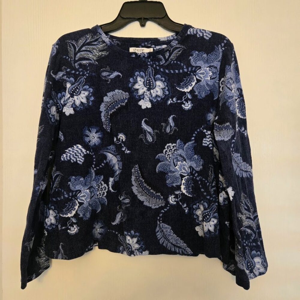 Chico's navy and white‎ L/S paisley top Size 3/XL NWOT